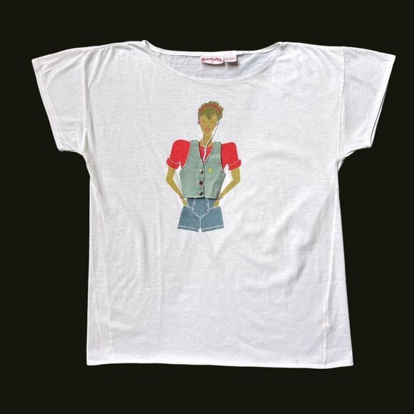 90s vintage cool girl graphic t-shirt walkman vest applique graphic Cap Sleeve. - Picture 1 of 6